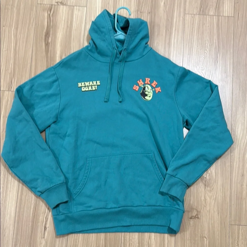 Shrek Beware Ogre Men's Sweatshirt Hoodie Double Sided Graphics Teal Size M